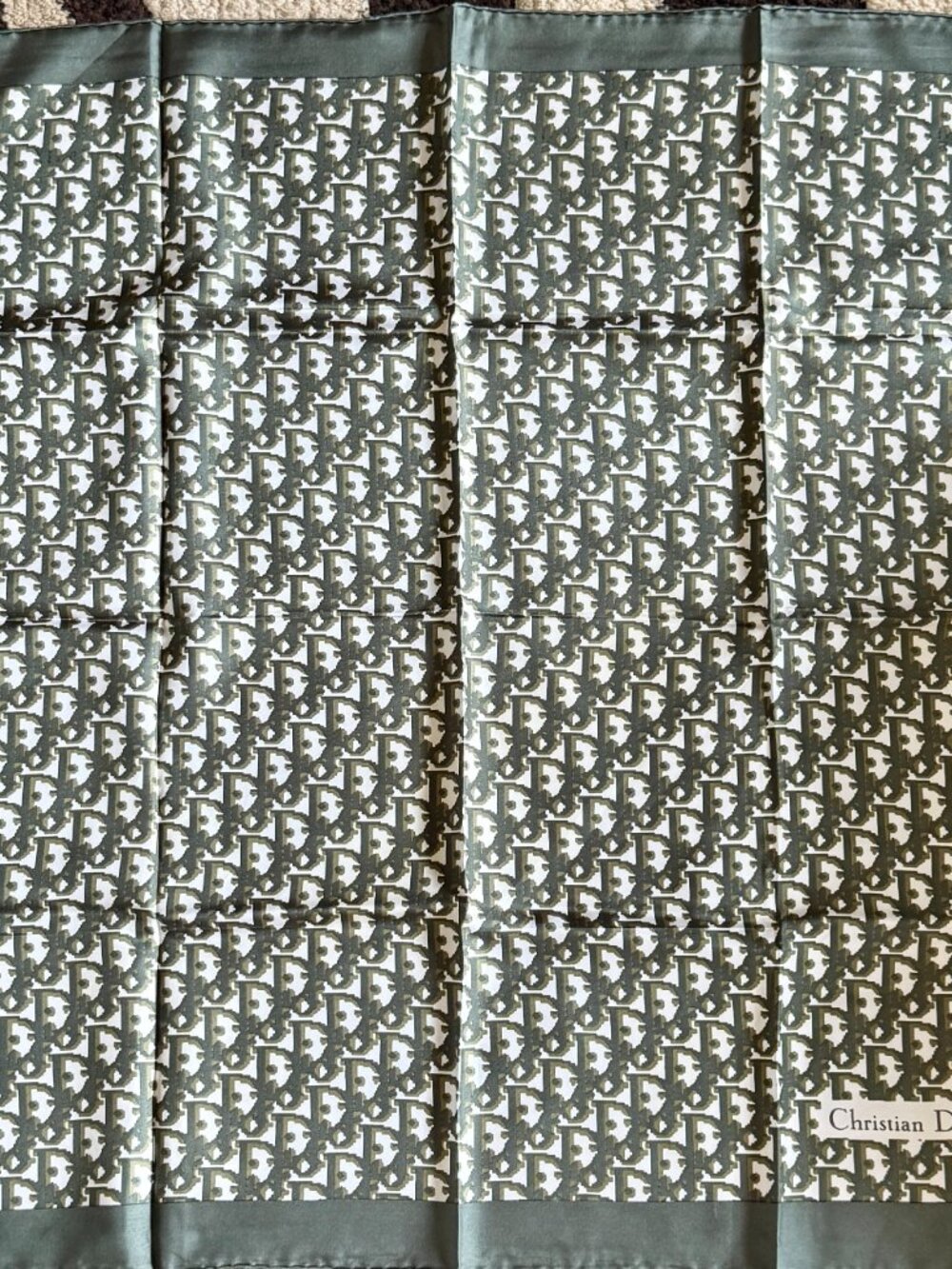 Vintage Christian Dior Silk Scarf 30" 80cm Dior Monogram Olive Ivory Square - Picture 4 of 4